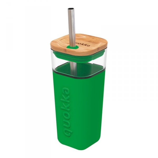 Quokka Liquid Cube - Kubek szklany 540 ml ze słomką ze stali nierdzewnej (Green)