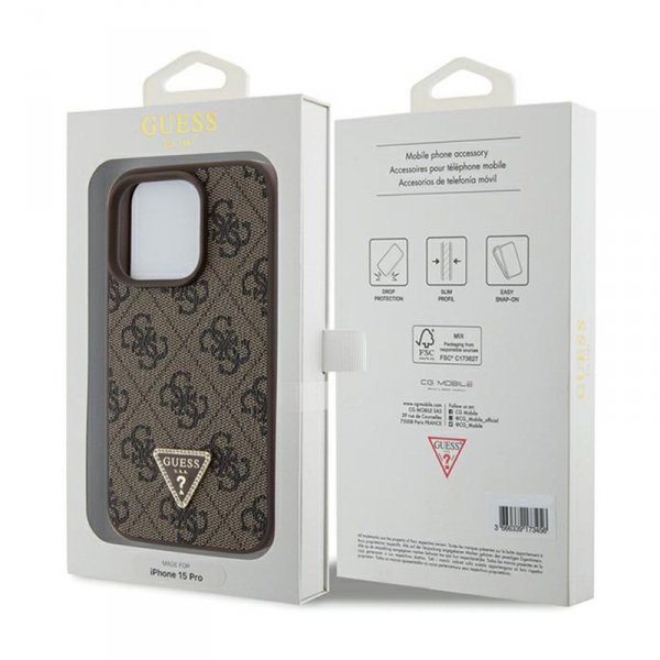 Guess Leather 4G Triangle Strass - Etui iPhone 15 Pro (brązowy)