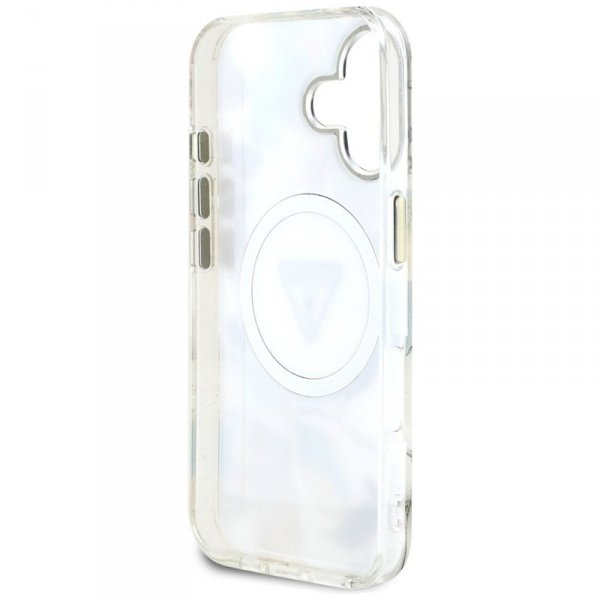 Guess Glitter Flowers Triangle Buttons MagSafe - Etui do iPhone 16 (biały)