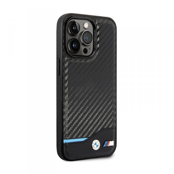 BMW Leather Carbon Blue Line - Etui iPhone 13 Pro Max (Czarny)