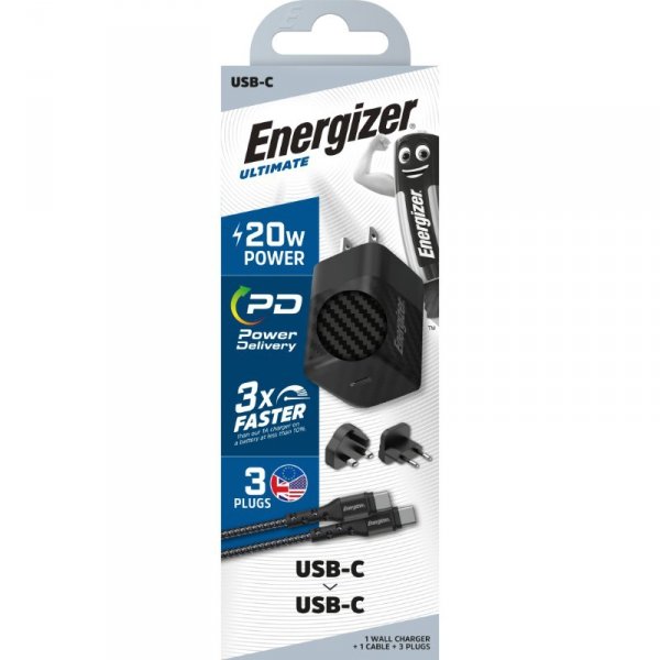 Energizer Ultimate - Ładowarka sieciowa podróżna Multiplug EU / UK / US GaN USB-C 20W PD + kabel USB-C (Czarny)
