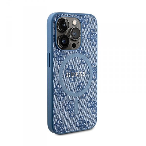 Guess 4G Collection Leather Metal Logo MagSafe - Etui iPhone 14 Pro (niebieski)