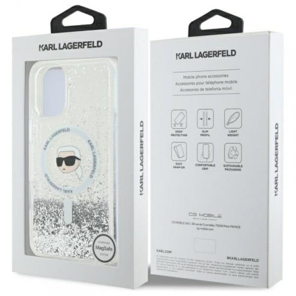 Karl Lagerfeld Liquid Glitter Karl Head MagSafe - Etui iPhone 16 Plus (przezroczysty)