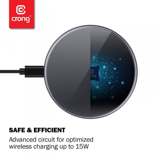 Crong PowerSpot Fast Wireless Charger – Aluminiowa ładowarka bezprzewodowa Qi 15W USB-C z powłoką ze szkła hartowanego (Silver W