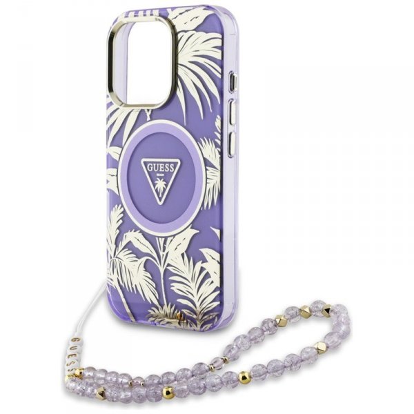Guess Palm Trees Triangle Pearl Strap MagSafe - Etui do iPhone 16 Pro Max (fioletowy)
