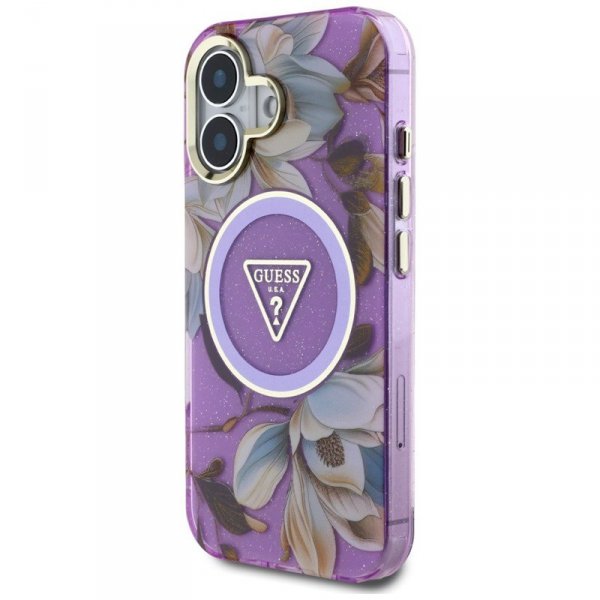 Guess Glitter Flowers Triangle Buttons MagSafe - Etui do iPhone 16 (fioletowy)