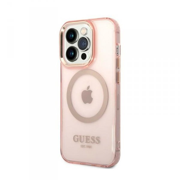 Guess Gold Outline Translucent MagSafe - Etui iPhone 14 Pro (różowy)