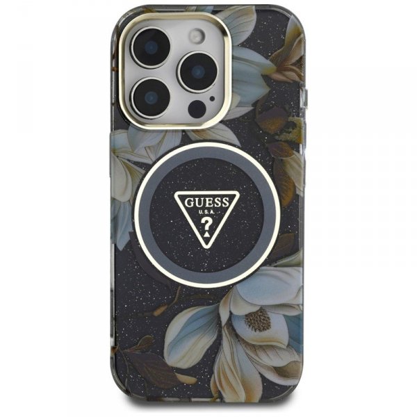 Guess Glitter Flowers Triangle Buttons MagSafe - Etui do iPhone 16 Pro (czarny)