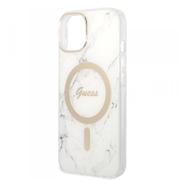 Guess Bundle Pack MagSafe IML Marble - Zestaw etui + ładowarka MagSafe iPhone 14 Plus (biały/złoty)