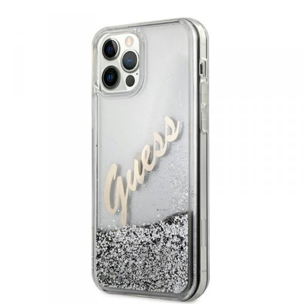 Guess Glitter Vintage Script - Etui iPhone 12 Pro Max (srebrny)