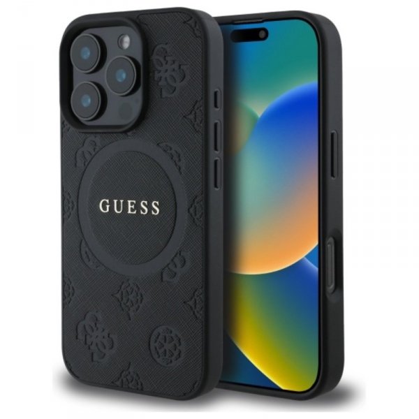 Guess Saffiano Peony Classic Logo MagSafe - Etui iPhone 16 Pro (czarny)