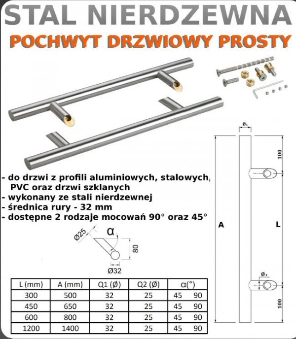 Pochwyt dwustr inox nierdzewny 1300/1800 45st