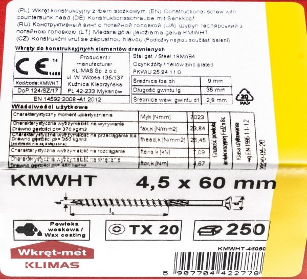Wkręty ciesielskie TX 4,5x60 do drewna osb 250szt