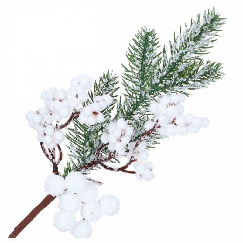 Gałązka Świerk/Białe Kulki 34cm KR1797 [10szt]
