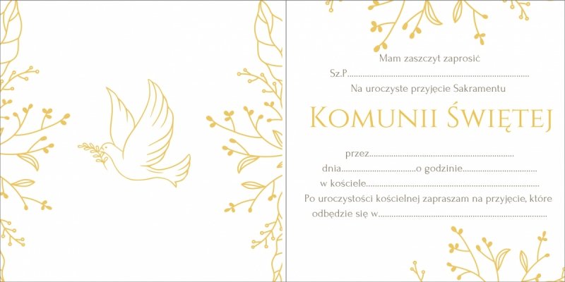 Zaproszenie Komunia Święta Złoto Gołąb [10 kompletów]