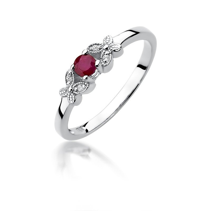 Pierścionek złoty 585 z brylantami 0,02ct rubinem 0,15ct W-414