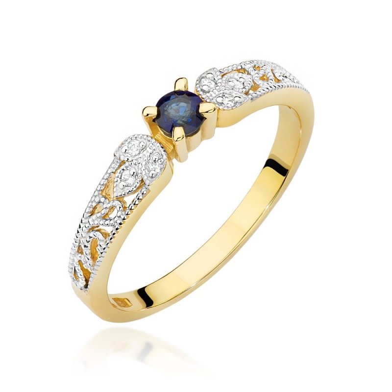 Pierścionek złoty 585 z brylantami 0,03ct szafirem 0,15ct W-411