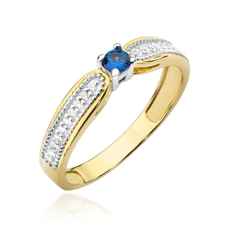 Pierścionek złoty 585 z brylantami 0,09ct szafirem 0,15ct W-449
