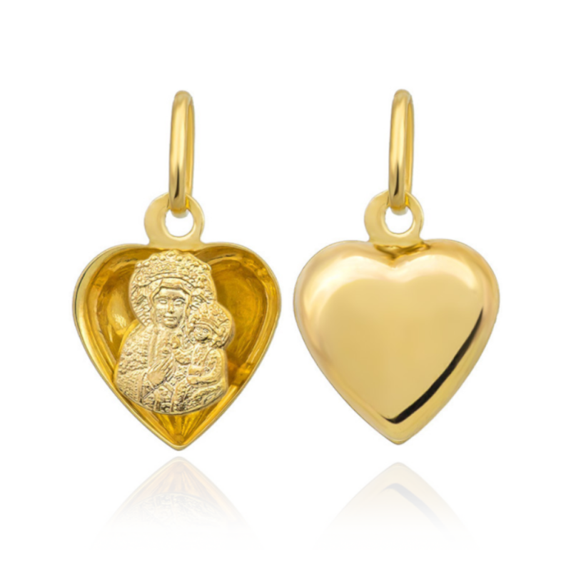 Medalik złoty 585 Matka Boska Częstochowska w sercu serduszko dwustronny