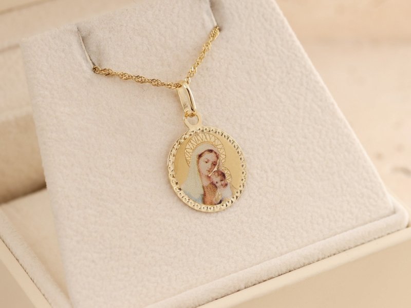 Medalik złoty 585 Matka Boska chrzest komunia kolorowy