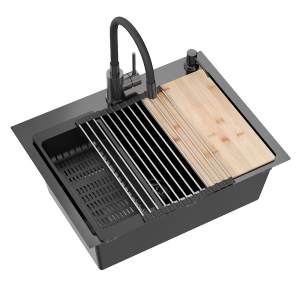Quadron Luke 110 zlewozmywak czarny + Qmata + Wkładka + Dozownik + Deska + bateria z elastyczną wylewką 
