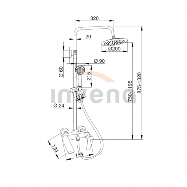 Deszczownica z baterią wannową czarna Dokos  TREND