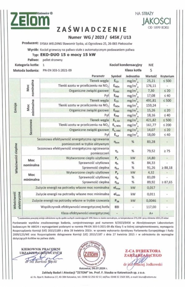 Kocioł na pellet z podajnikiem SYSKA EKO DUO 25 kW Piec lista EPREL