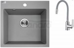 AQUAFORM - zlewozmywak granitowy MARANELLO 490 X 490 X 215 - 1 komora, SZARY + syfon oszczędzający miejsce + bateria stojąca z wylewką elastyczną  AQ.901-1003507