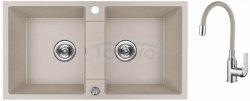 AQUAFORM - zlewozmywak granitowy MARANELLO 440 X 800 X 185 - 2 komory, BEŻOWY + syfon oszczędzający miejsce z korkiem automatycznym + syfon oszczędzający miejsce + bateria stojąca z wylewką elastyczną  AQ.901-2002508 