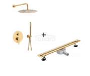 ARMATURA KRAKÓW KFA Zestaw natryskowy MOZA GOLD/ZŁOTO SZCZOTKOWANE podtynkowy z baterią 3 funkcyjną 5039-501-31 + Odpływ liniowy 70cm złoty RSP01GL700