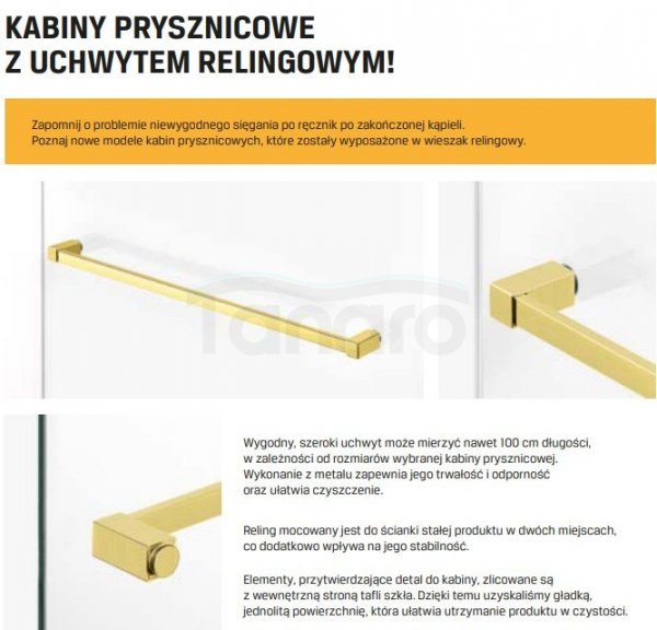 NEW TRENDY Kabina ścianka WALK-IN AVEXA GOLD SHINE z wieszakiem relingowym 90x200 EXK-3226