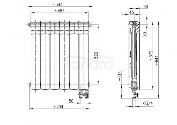 ARMATURA KRAKÓW KFA Grzejnik aluminiowy G500F/D/6 z dolnym prawym zasilaniem prostym 789-062-44