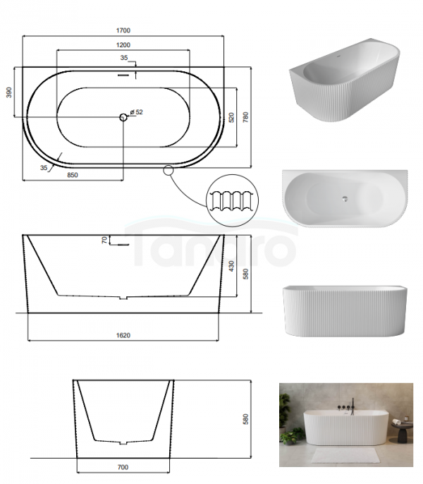 BESCO Wanna wolnostojąca Leya B&amp;W 170x78 + maskownica odpływu biała #WASB-170LBI