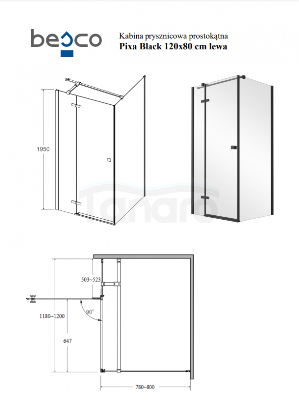 BESCO Kabina prysznicowa Pixa Black 120x80 Lewa PPL-128-195B
