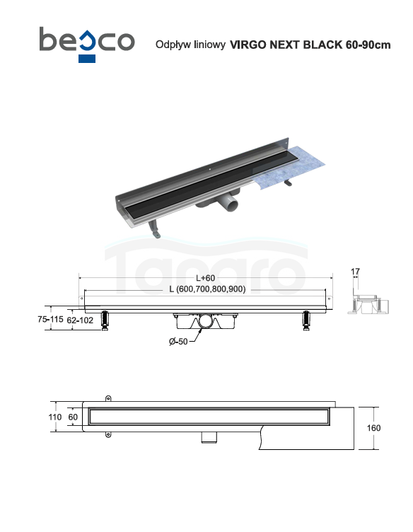 BESCO Odpływ liniowy Virgo Next Black 60cm OL-60-VNB
