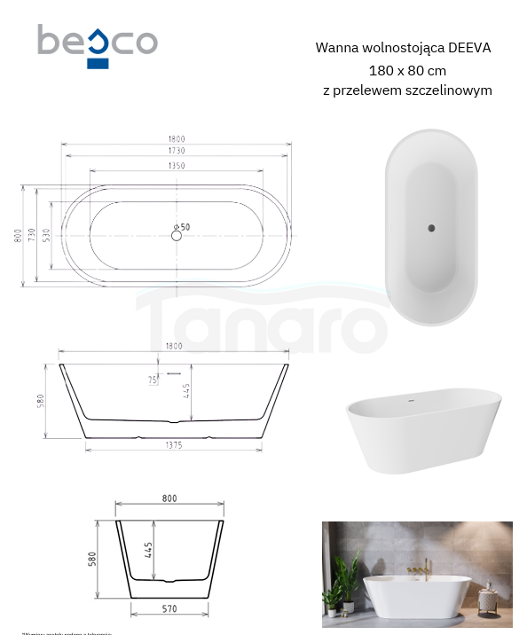 BESCO Wanna wolnostojąca Deeva Glam Złota 180x80 + syfon chrom #WWA-180DGZC
