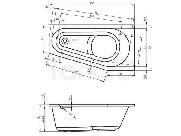 RIHO - Wanna akrylowa do zabudowy asymetryczna DELTA 150x80x48 LEWA z systemem hydromasażu JOY  B067001005