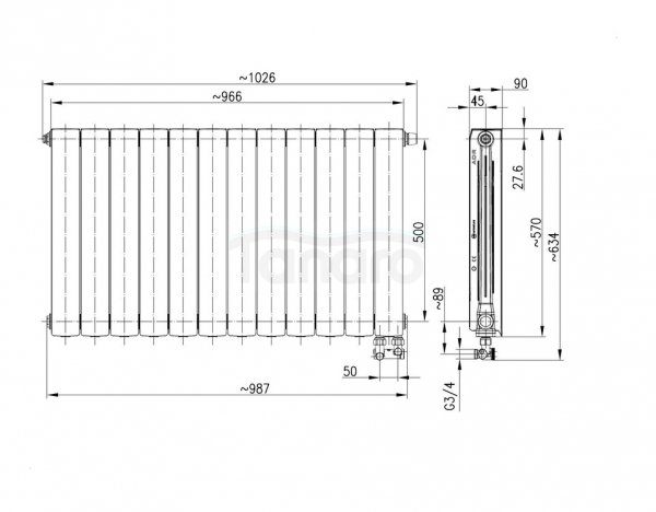 ARMATURA KRAKÓW KFA Grzejnik aluminiowy ADR500/D/12 z dolnym prawym zasilaniem kątowym 763-121-44
