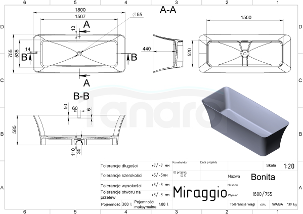 MIRAGGIO Wanna wolnostojąca 180cm biała matowa BONITA 0000266