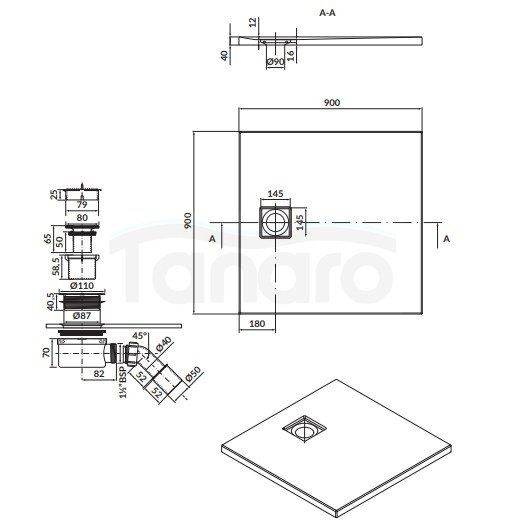 CERSANIT - brodzik kwadratowy TAKO Slim 90 x 4 szary mat + syfon  S932-162