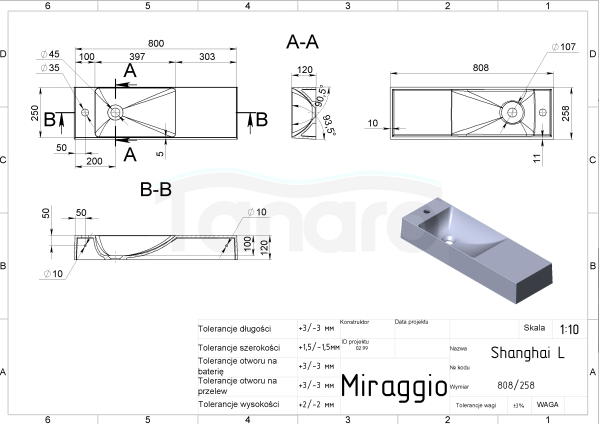 MIRAGGIO Umywalka 80x25 SHANGHAI Lewa 0000575