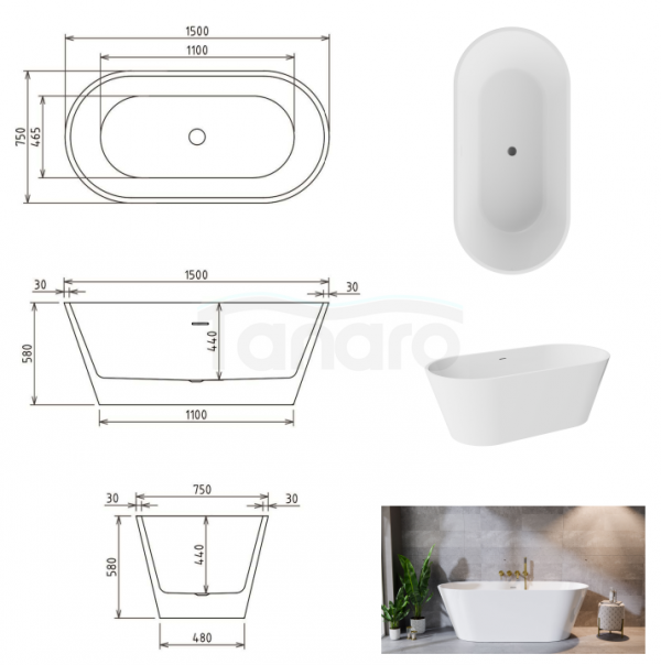 BESCO Wanna wolnostojąca Deeva 150x75 + syfon chrom #WWA-150-DCH