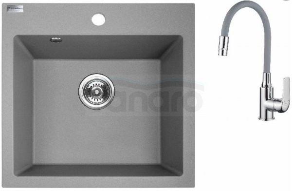 AQUAFORM - zlewozmywak granitowy MARANELLO 490 X 490 X 215 - 1 komora, SZARY + syfon oszczędzający miejsce + bateria stojąca z wylewką elastyczną  AQ.901-1003507