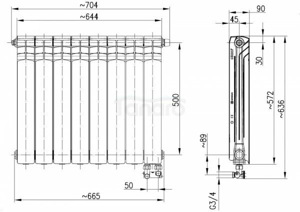 ARMATURA KRAKÓW KFA Grzejnik aluminiowy G500F/D/8 z dolnym prawym zasilaniem kątowym 789-081-44