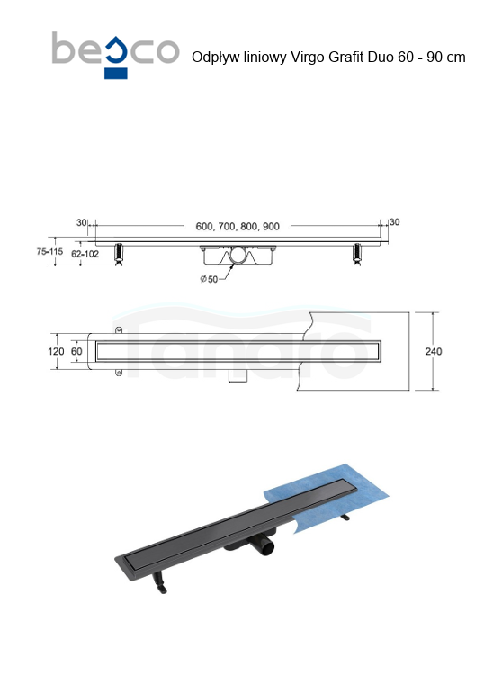 BESCO Odpływ liniowy Virgo Grafit Duo 60cm OL-60-VGR