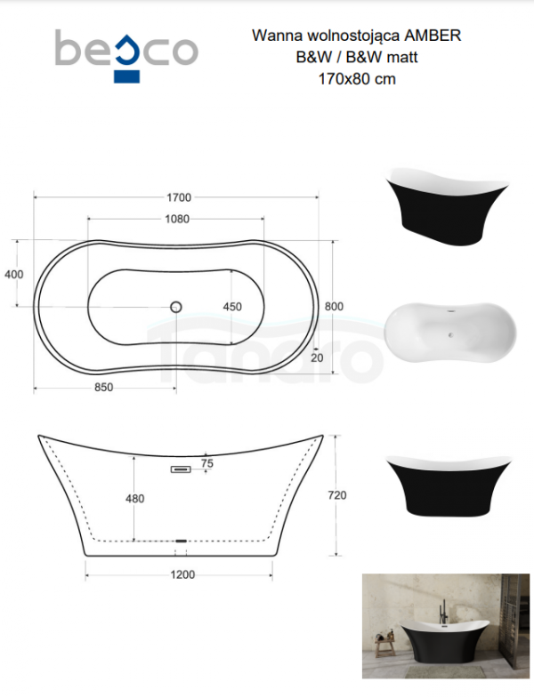 BESCO Wanna wolnostojąca Amber B&amp;W 170x80 + maskownica syfonu z przelewem złota #WAS-170ABBZ