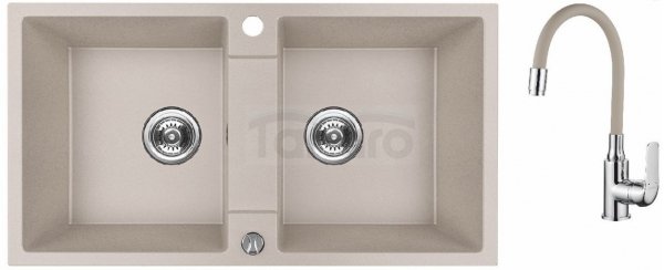 AQUAFORM - zlewozmywak granitowy MARANELLO 440 X 800 X 185 - 2 komory, BEŻOWY + syfon oszczędzający miejsce z korkiem automatycznym + syfon oszczędzający miejsce + bateria stojąca z wylewką elastyczną  AQ.901-2002508 