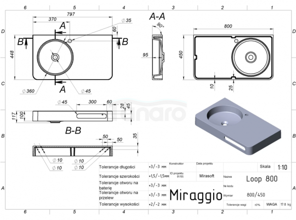 MIRAGGIO Umywalka LOOP 800 L (MIRASOFT) 8813983