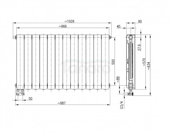 ARMATURA KRAKÓW KFA Grzejnik aluminiowy ADR500/D/12 z dolnym lewym zasilaniem kątowym 763-123-44