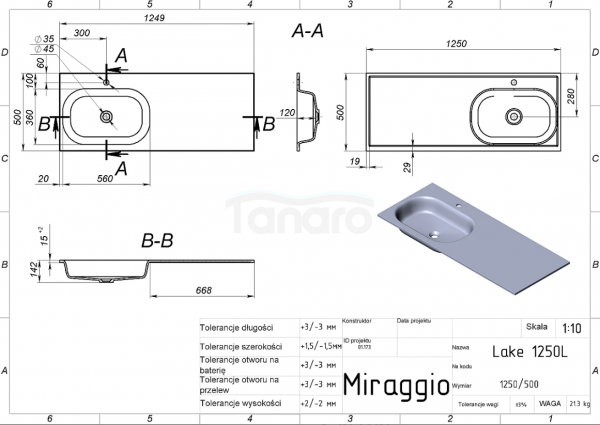 MIRAGGIO Umywalka LAKE 1250 L MATT 8815429
